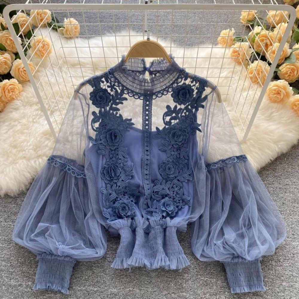 Vintage Fashion Jersey - 2 pçs/set rendas puff manga longa